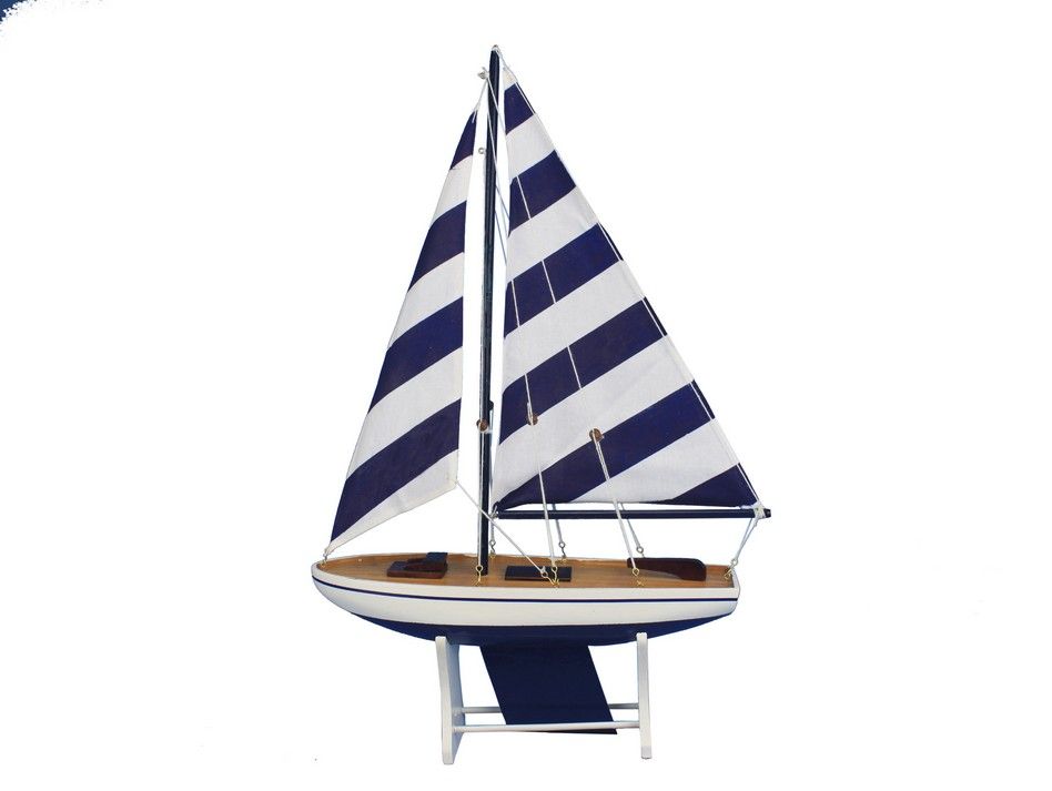 Wooden It Floats 21" - Rustic Blue Striped Floating Sailboat Model 