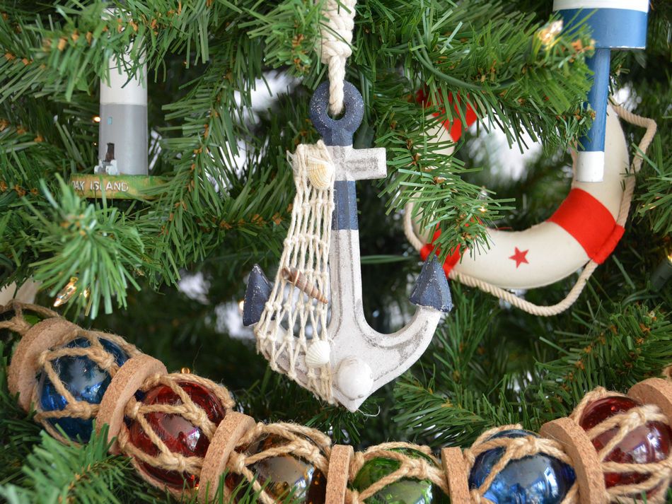 Wooden Rustic Blue Sailboat and Anchor Set Christmas Tree Ornaments 