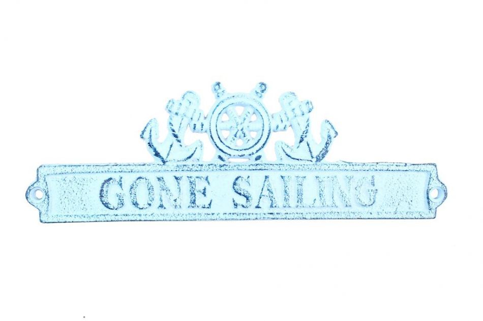 Buy Dark Blue Whitewashed Cast Iron Gone Sailing Sign with Ship Wheel a