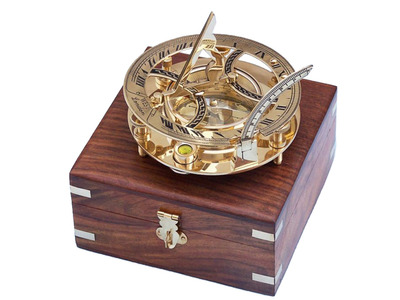 Solid Brass Round Sundial Compass w- Rosewood Box 6quot; Solid Brass Round Sundial Compass w- Rosewood Box 6