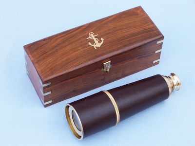 Admirals Brass - Leather Spyglass Telescope 32 w- Rosewood Box