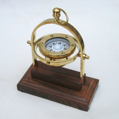 Brass Desk Gimbal Compass on Wooden Base model ship