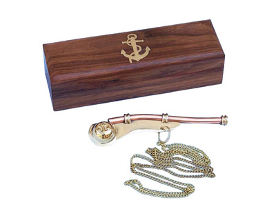 Solid Brass-Copper Boatswain (Bosun) Whistle w Rosewood Box 5