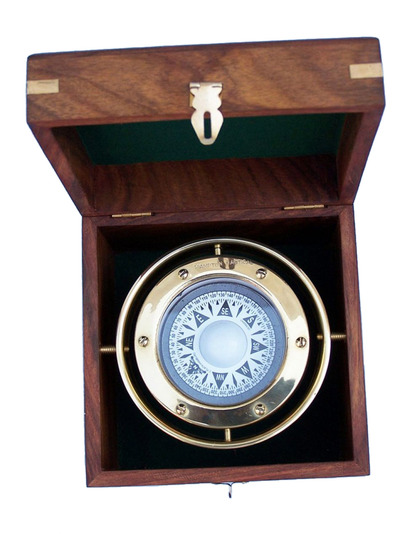 Solid Brass Gimbal Compass w- Rosewood Box 4.5