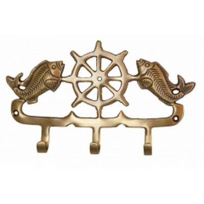 Antique Brass Fish and Ship Wheel Key Rack 8quot; Antique Brass Fish and Ship Wheel Key Rack 8
