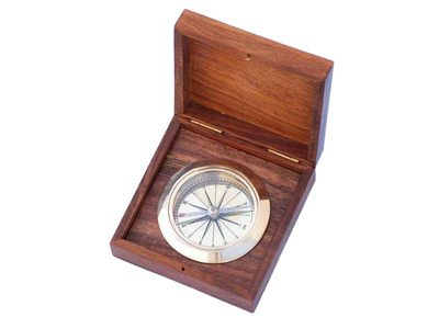 Solid Brass Captains Desk Compass w- Rosewood Box 4quot; Solid Brass Captains Desk Compass w- Rosewood Box 4
