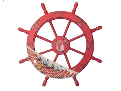 Wooden Maine Rustic Red Ship Wheel with Netting and Shells 28quot; Wooden Maine Rustic Red Ship Wheel with Netting and Shells 28