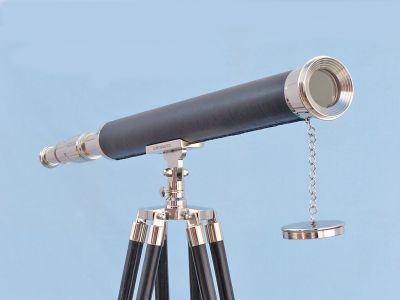 Floor Standing Chrome-Leather Harbor Master Telescope 60 with Black Wooden Legs