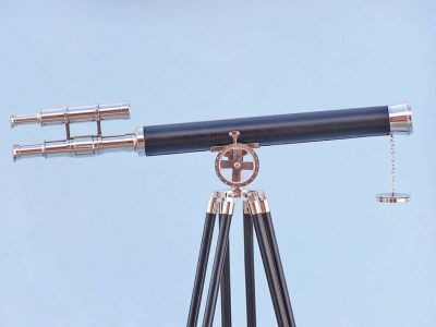 Floor Standing Chrome-Leather Griffith Astro Telescope 64 with Black Wooden Legs