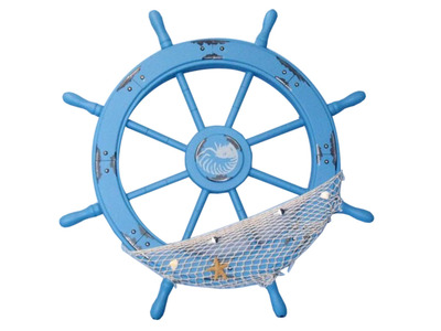 Wooden Maine Rustic Blue Ship Wheel with Netting and Shells 28quot; Wooden Maine Rustic Blue Ship Wheel with Netting and Shells 28
