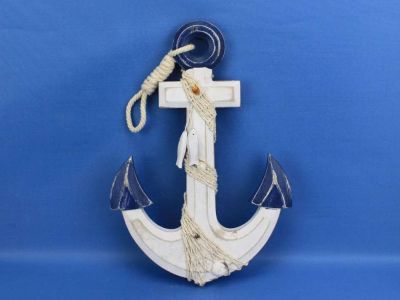 Wooden Rustic Blue-White Anchor w- Hook Rope and Shells 13