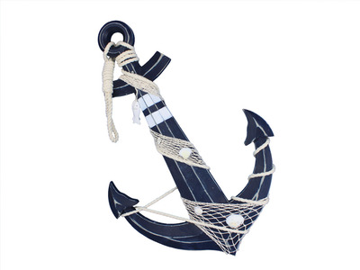 Wooden Rustic Blue Anchor w- Hook Rope and Shells 24quot; Wooden Rustic Blue Anchor w- Hook Rope and Shells 24