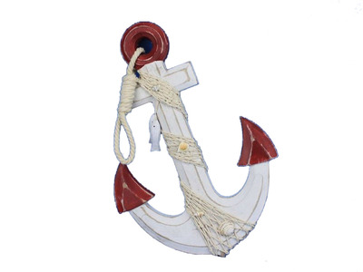 Wooden Rustic Red-White Anchor w- Hook Rope and Shells 13quot; Wooden Rustic Red-White Anchor w- Hook Rope and Shells 13