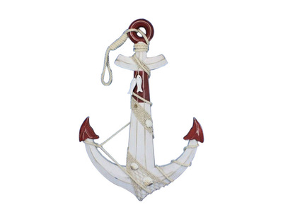 Wooden Rustic Red-White Anchor w- Hook Rope and Shells 24quot; Wooden Rustic Red-White Anchor w- Hook Rope and Shells 24