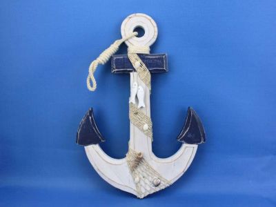 Wooden Rustic Blue-White Anchor w- Hook Rope and Shells 18