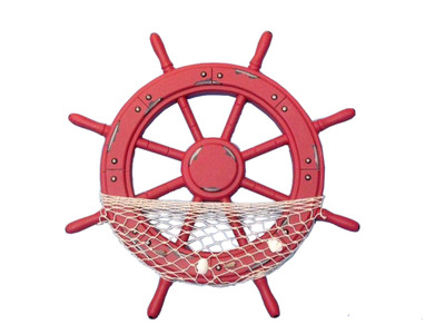 Wooden Rustic Red Ship Wheel with Net and Shells 18