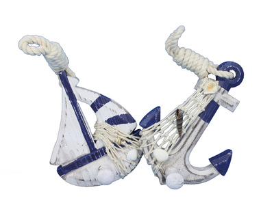 Wooden Rustic Blue Sailboat-Anchor Wall Accent w- Hook Set 6