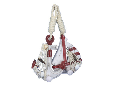 Wooden Rustic Red Sailboat-Anchor Wall Accent w- Hook Set 6