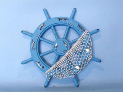 Wooden Rustic Blue Ship Wheel with Net and Shells 18 Wooden Rustic Blue Ship Wheel with Net and Shells 18