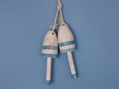 Wooden Vintage Light Blue Maine Lobster Trap Buoy 7 - Set of 2