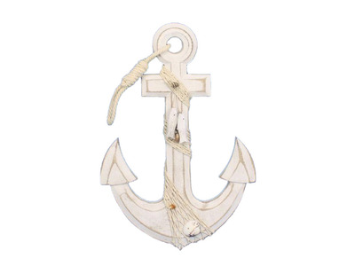 Wooden Rustic Whitewash Anchor w- Hook Rope and Shells 13quot; Wooden Rustic Whitewash Anchor w- Hook Rope and Shells 13