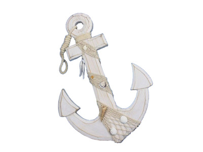 Wooden Rustic Whitewash Anchor w- Hook Rope and Shells 18quot; Wooden Rustic Whitewash Anchor w- Hook Rope and Shells 18