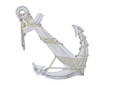 Wooden Rustic Whitewash Anchor w- Hook Rope and Shells 24