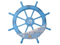 Wooden Maine Rustic Blue Ship Wheel with Netting and Shells 28