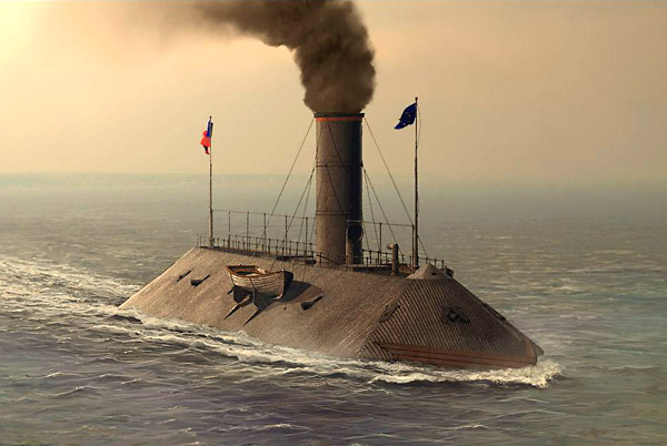 Modern artist's rendition of the CSS Virginia's first voyage