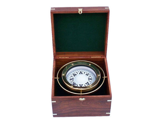 Brass Nautical Solid Brass Round Sundial Compass with Design Rosewood Box 