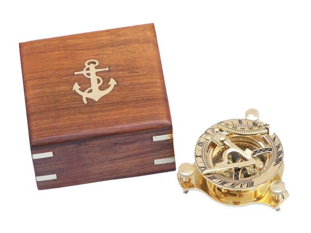 Details about   Antique Brass  Nautical Camping Sundial Golden Compass Rosewood With Wooden Box 