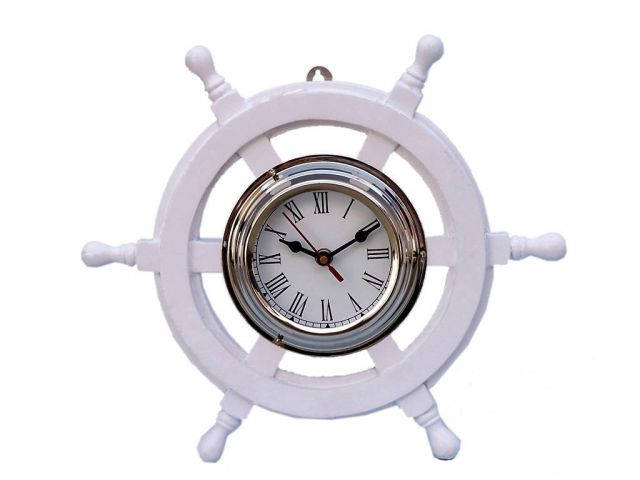 Wholesale Deluxe Class White Wood and Chrome Pirate Ship Wheel Clock 12in -  Hampton Nautical