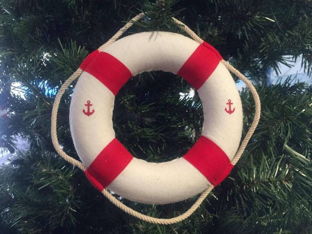 Life Preserver Decoration Handcrafted Model Ships Vibrant Red Decorative Lifering with White Bands 6 
