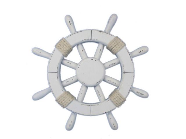 Hampton Nautical Rustic White Decorative Ship Wheel with Anchor 18 