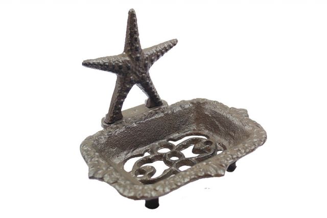Shell & Starfish Soap Dish Whitewashed Cast Iron Antique-Style Nautical Decor 