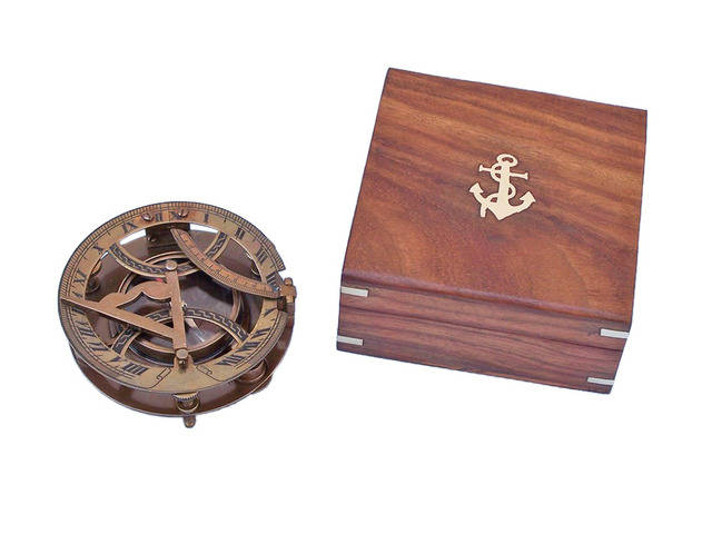 Antique Brass Round Sundial Compass with Rosewood Box 6in - Hampton Iron  Works