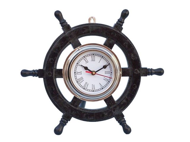 Deluxe Class Wood and Chrome Pirate Ship Wheel Clock 12in