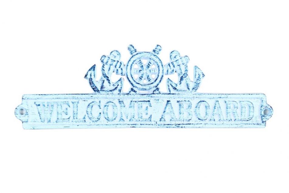 Buy Dark Blue Whitewashed Cast Iron Welcome Aboard Sign with Ship Wheel ...